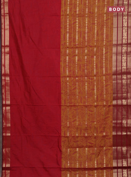 Semi raw silk saree red and dark mustard maroon with allover half & half style and zari woven border