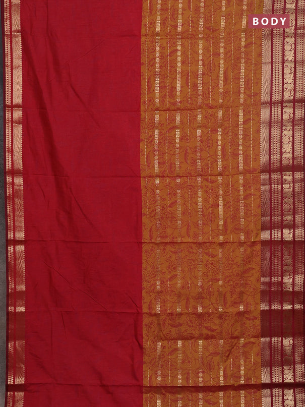 Semi raw silk saree red and dark mustard maroon with allover half & half style and zari woven border