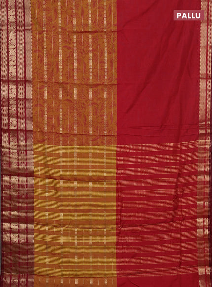 Semi raw silk saree red and dark mustard maroon with allover half & half style and zari woven border