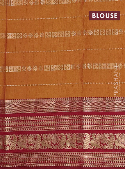 Semi raw silk saree red and dark mustard maroon with allover half & half style and zari woven border