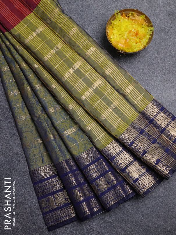 Semi raw silk saree maroon and mehendi green blue with allover half & half style and zari woven border