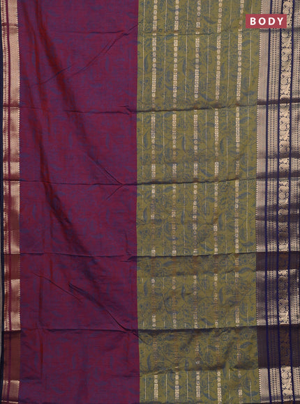 Semi raw silk saree maroon and mehendi green blue with allover half & half style and zari woven border