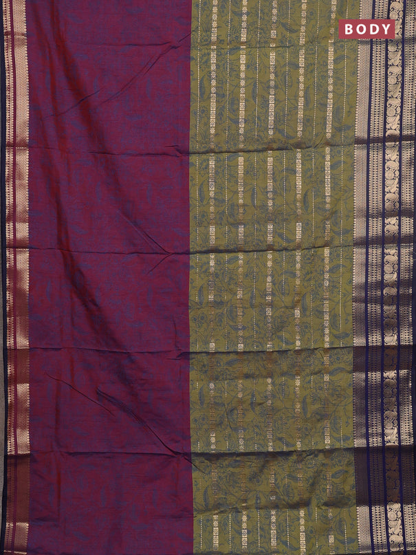 Semi raw silk saree maroon and mehendi green blue with allover half & half style and zari woven border