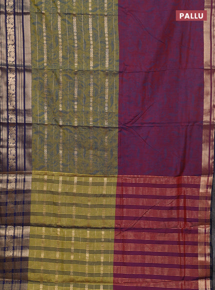 Semi raw silk saree maroon and mehendi green blue with allover half & half style and zari woven border