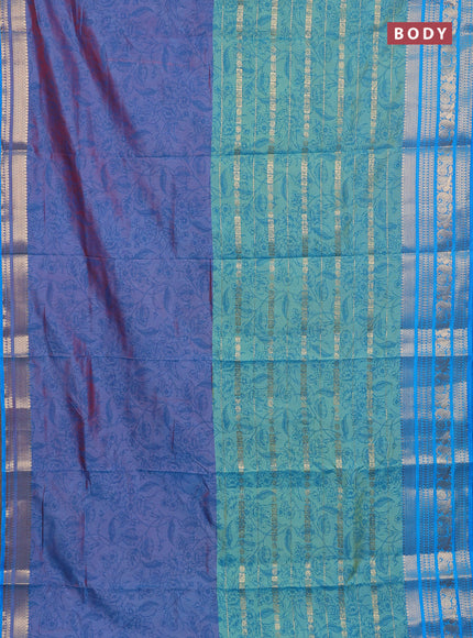 Semi raw silk saree dual shade of bluish maroon and teal bluish green with allover half & half style and zari woven border