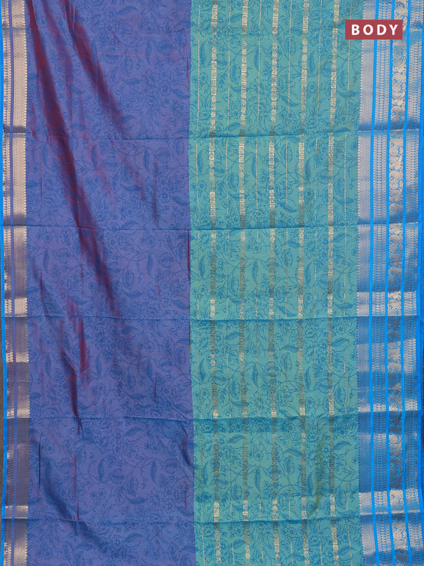 Semi raw silk saree dual shade of bluish maroon and teal bluish green with allover half & half style and zari woven border