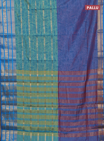 Semi raw silk saree dual shade of bluish maroon and teal bluish green with allover half & half style and zari woven border
