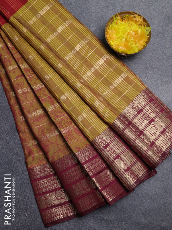 Semi raw silk saree maroon and mehendi green wine shade with allover half & half style and zari woven border