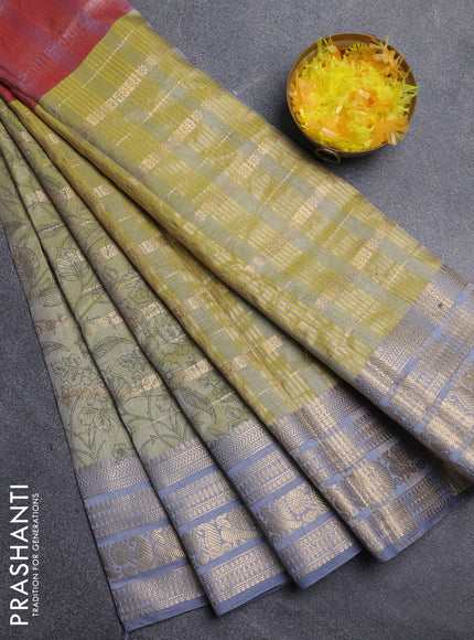 Semi raw silk saree pastel maroon and elaichi green grey with allover half & half style and zari woven border