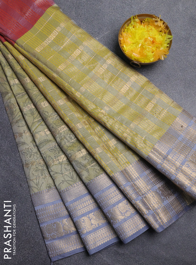 Semi raw silk saree pastel maroon and elaichi green grey with allover half & half style and zari woven border