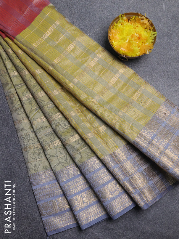 Semi raw silk saree pastel maroon and elaichi green grey with allover half & half style and zari woven border