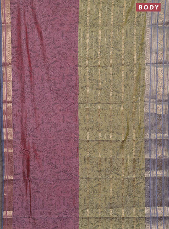 Semi raw silk saree pastel maroon and elaichi green grey with allover half & half style and zari woven border