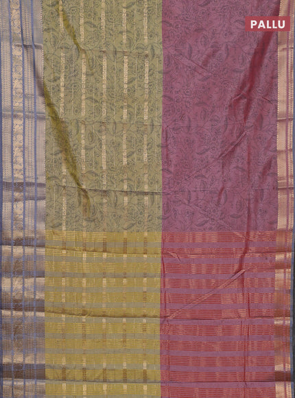Semi raw silk saree pastel maroon and elaichi green grey with allover half & half style and zari woven border