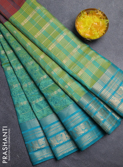 Semi raw silk saree dual shade of maroon and light green teal green with allover half & half style and zari woven border