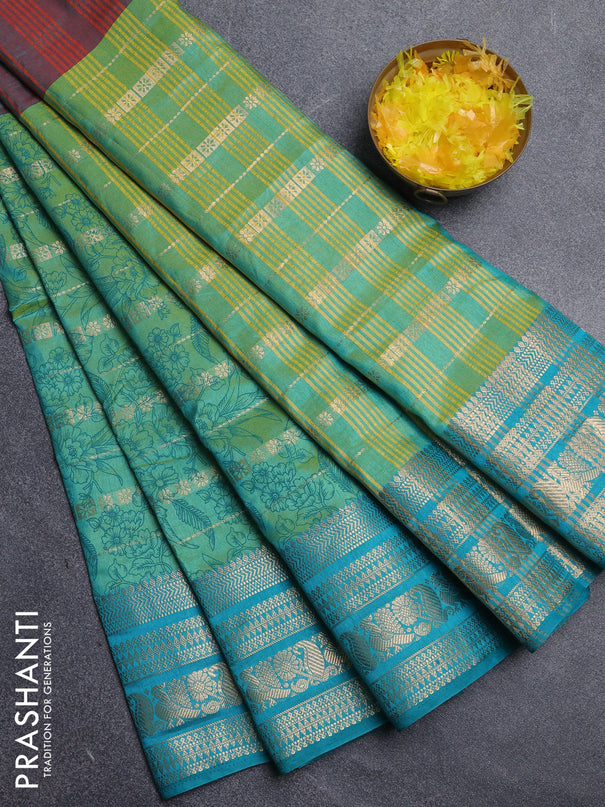 Semi raw silk saree dual shade of maroon and light green teal green with allover half & half style and zari woven border