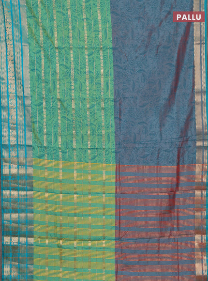 Semi raw silk saree dual shade of maroon and light green teal green with allover half & half style and zari woven border