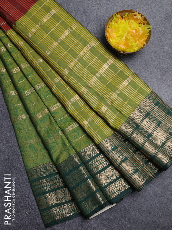 Semi raw silk saree dual shade of maroon and light green bottle green with allover half & half style and zari woven border