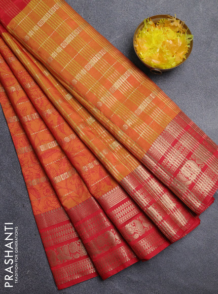 Semi raw silk saree red and dual shade of mustard yellow with allover half & half style and zari woven border