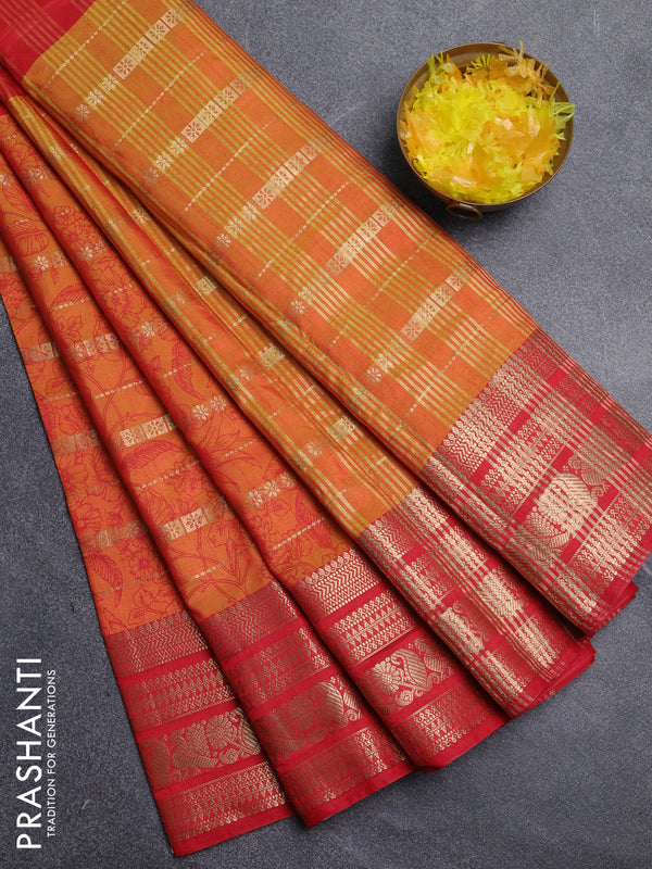Semi raw silk saree red and dual shade of mustard yellow with allover half & half style and zari woven border