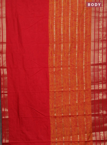 Semi raw silk saree red and dual shade of mustard yellow with allover half & half style and zari woven border