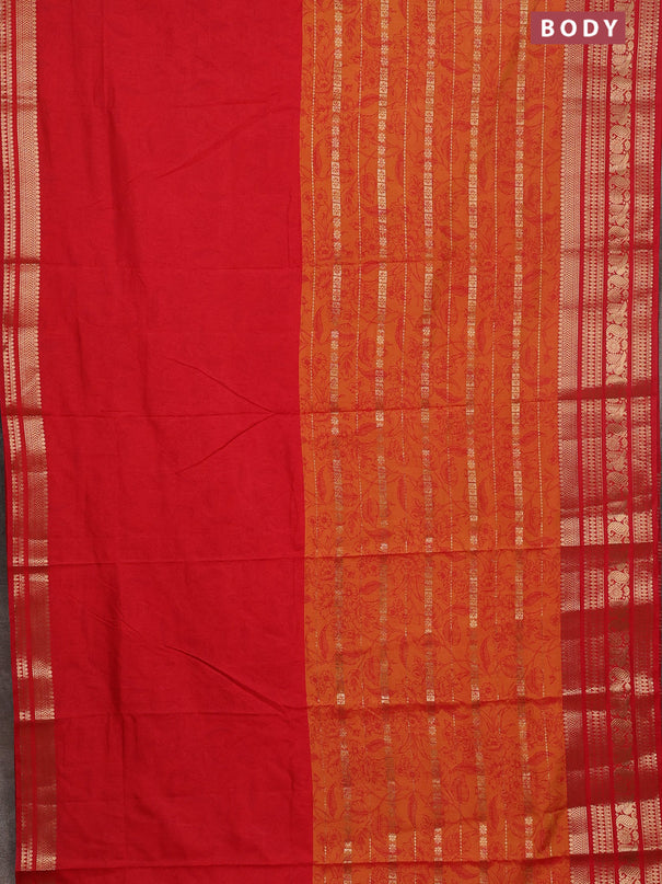 Semi raw silk saree red and dual shade of mustard yellow with allover half & half style and zari woven border
