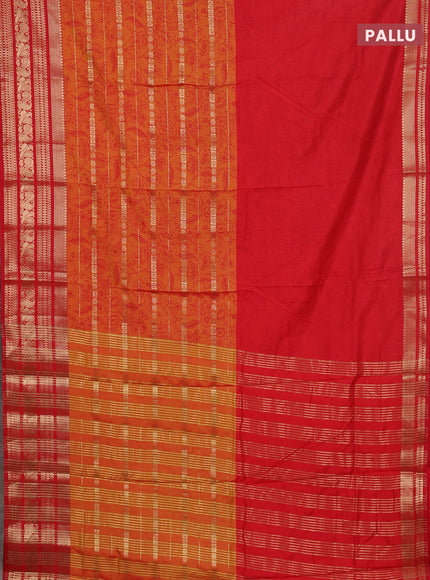 Semi raw silk saree red and dual shade of mustard yellow with allover half & half style and zari woven border