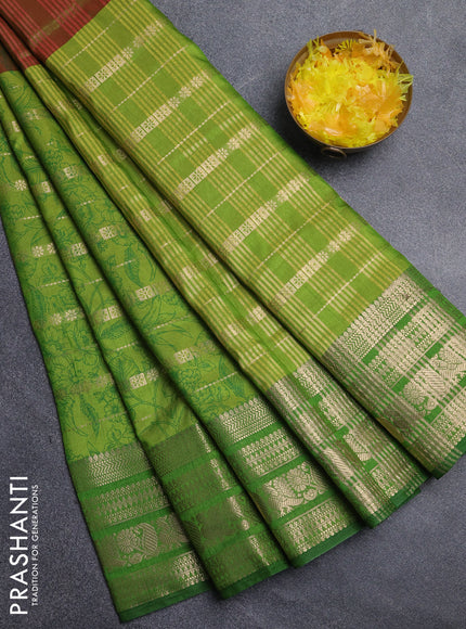 Semi raw silk saree manthulir green and light green with allover half & half style and zari woven border