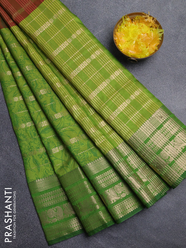 Semi raw silk saree manthulir green and light green with allover half & half style and zari woven border
