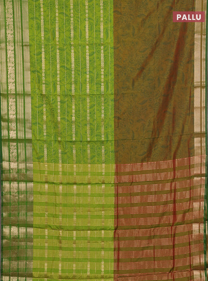 Semi raw silk saree manthulir green and light green with allover half & half style and zari woven border