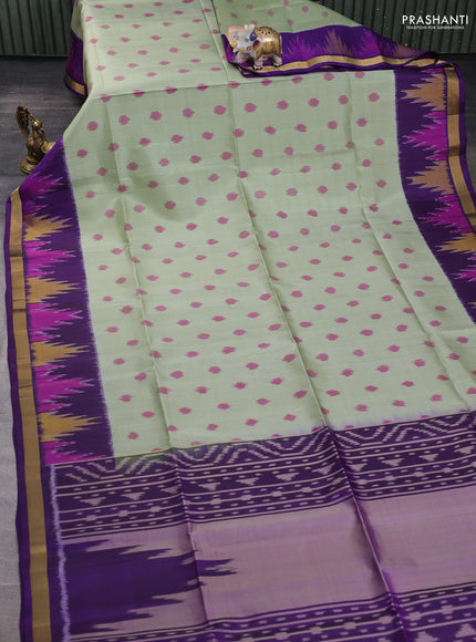 Ikat soft silk saree pastel green and violet with allover ikat woven buttas and temple design zari woven buttas
