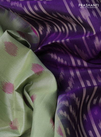 Ikat soft silk saree pastel green and violet with allover ikat woven buttas and temple design zari woven buttas