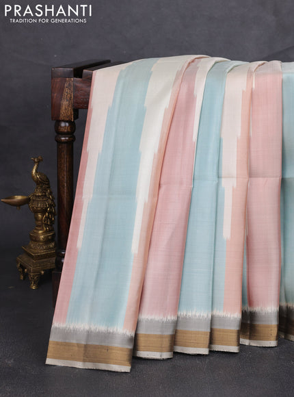 Ikat soft silk saree multi colour and grey with ikat temple design and zari woven border