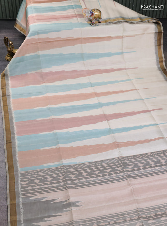 Ikat soft silk saree multi colour and grey with ikat temple design and zari woven border