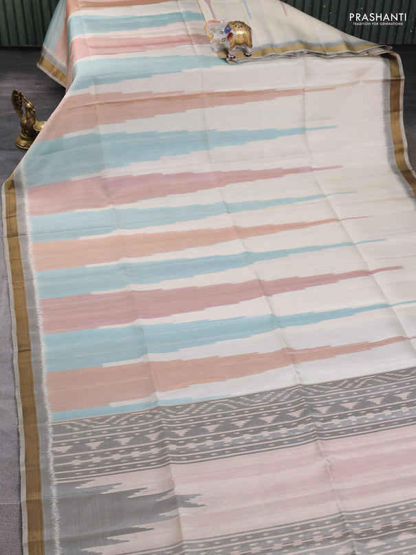 Ikat soft silk saree multi colour and grey with ikat temple design and zari woven border