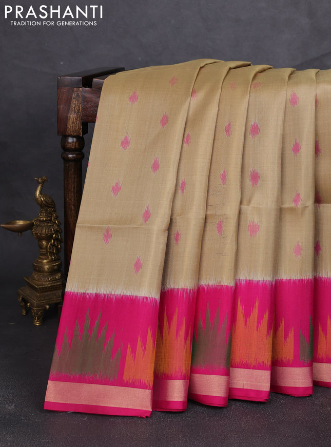 Ikat soft silk saree elachi green and dark pink with allover ikat woven buttas and temple design zari woven buttas