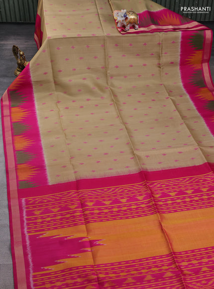 Ikat soft silk saree elachi green and dark pink with allover ikat woven buttas and temple design zari woven buttas