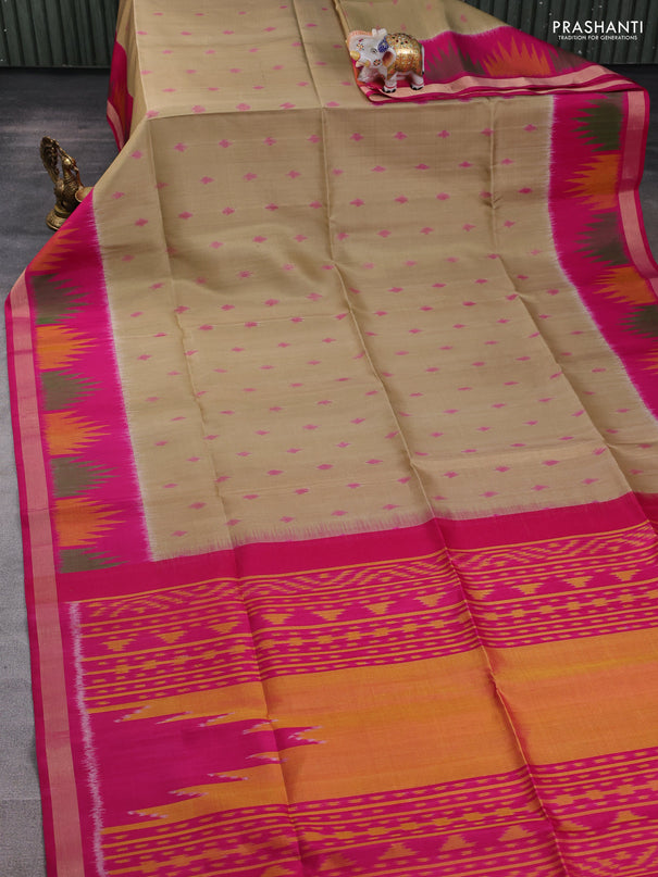 Ikat soft silk saree elachi green and dark pink with allover ikat woven buttas and temple design zari woven buttas