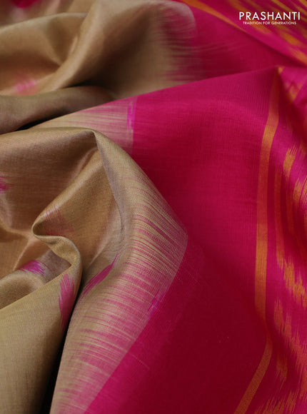 Ikat soft silk saree elachi green and dark pink with allover ikat woven buttas and temple design zari woven buttas
