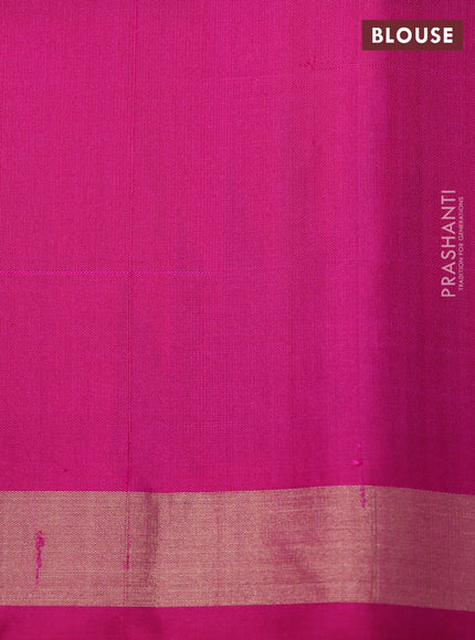 Ikat soft silk saree elachi green and dark pink with allover ikat woven buttas and temple design zari woven buttas