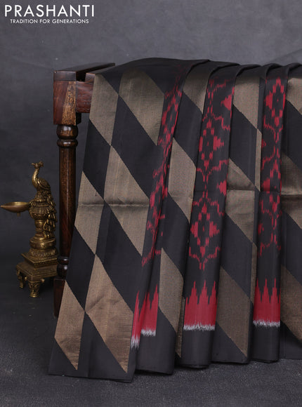 Ikat soft silk saree black and red with allover ikat weaves & zari woven buttas and simple border
