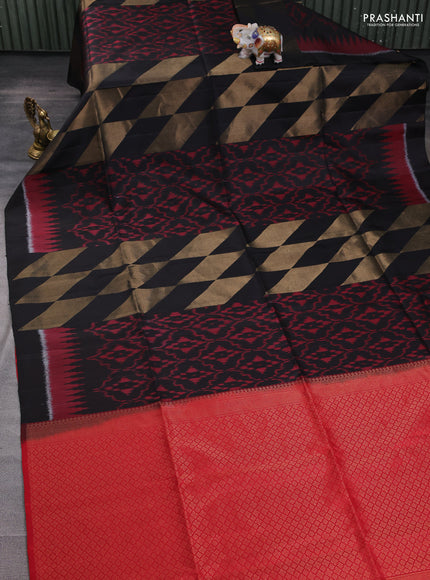 Ikat soft silk saree black and red with allover ikat weaves & zari woven buttas and simple border