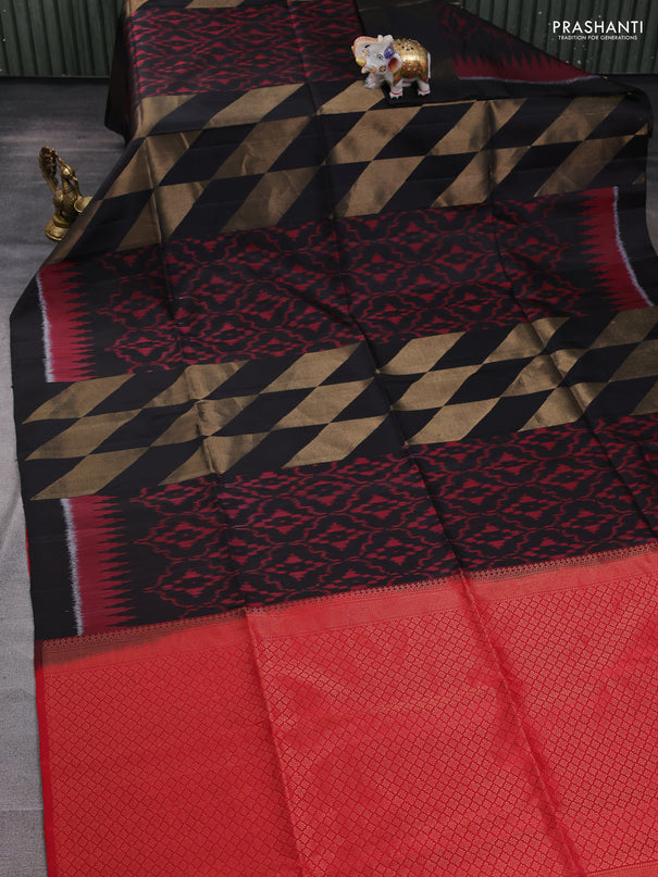 Ikat soft silk saree black and red with allover ikat weaves & zari woven buttas and simple border