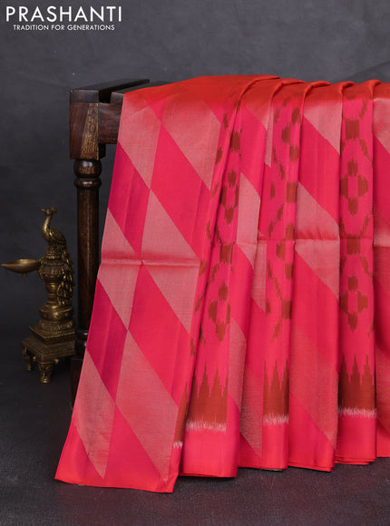 Ikat soft silk saree dual shade of pinkish orange and pastel brown with allover ikat weaves & zari woven buttas and simple border