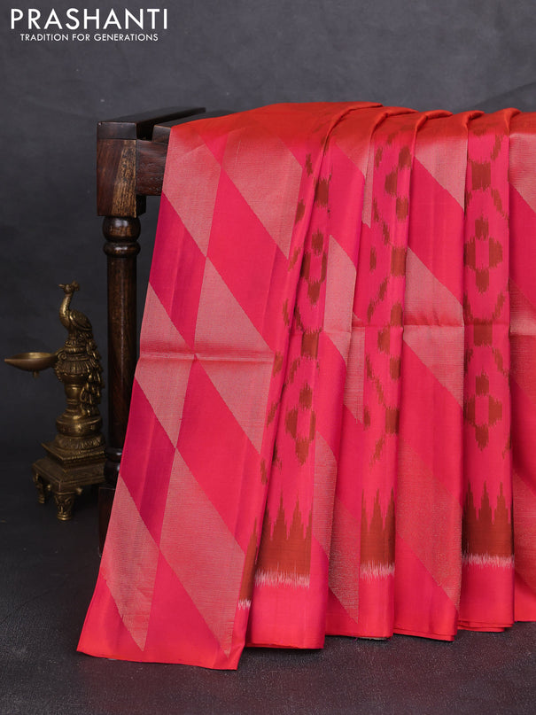 Ikat soft silk saree dual shade of pinkish orange and pastel brown with allover ikat weaves & zari woven buttas and simple border