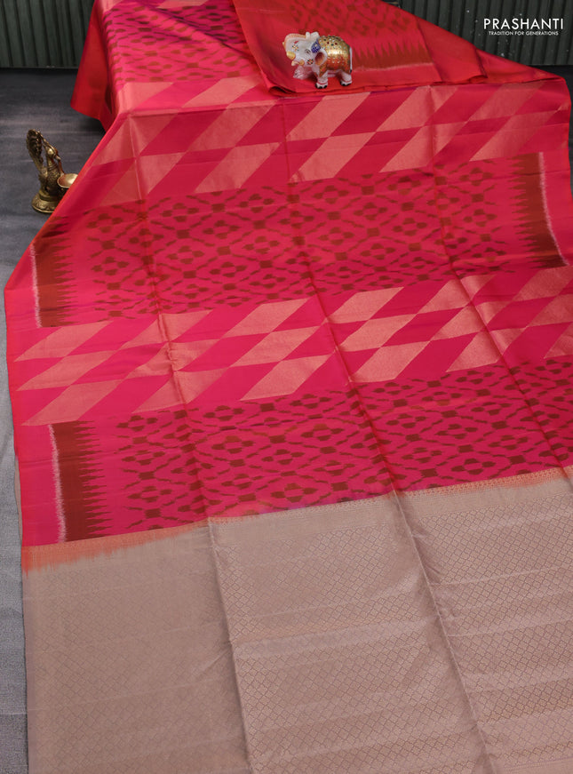 Ikat soft silk saree dual shade of pinkish orange and pastel brown with allover ikat weaves & zari woven buttas and simple border