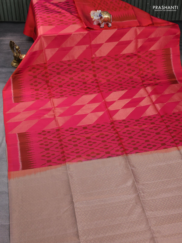 Ikat soft silk saree dual shade of pinkish orange and pastel brown with allover ikat weaves & zari woven buttas and simple border
