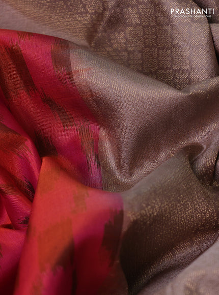 Ikat soft silk saree dual shade of pinkish orange and pastel brown with allover ikat weaves & zari woven buttas and simple border
