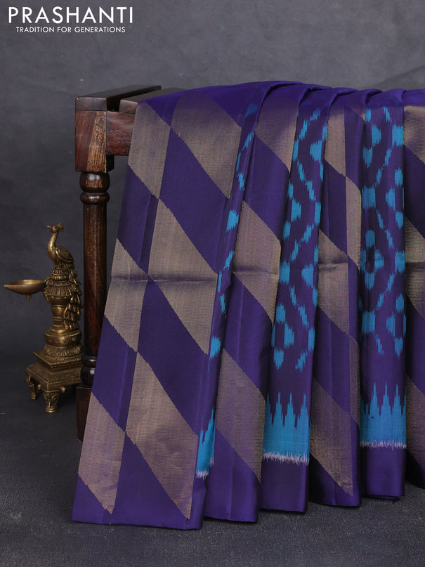 Ikat soft silk saree navy blue and cs blue with allover ikat weaves & zari woven buttas and simple border