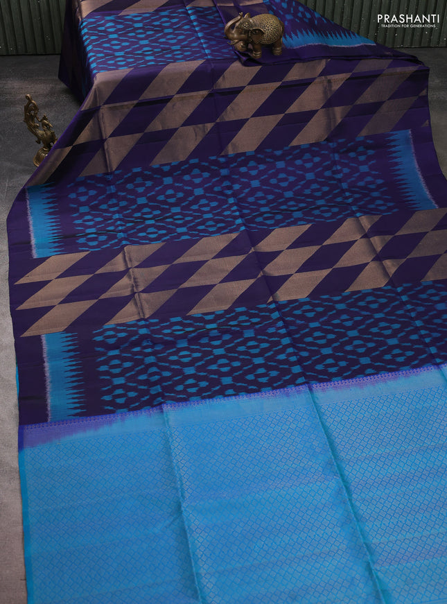 Ikat soft silk saree navy blue and cs blue with allover ikat weaves & zari woven buttas and simple border
