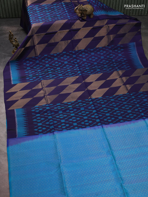 Ikat soft silk saree navy blue and cs blue with allover ikat weaves & zari woven buttas and simple border